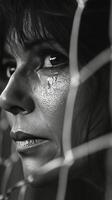 A woman gazes pensively through a shadowy pattern during a quiet afternoon photo