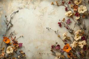 Decorative arrangement of dried flowers against a textured vintage background photo