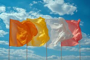 Colorful flags flutter against a bright blue sky featuring puffy clouds in the afternoon light photo
