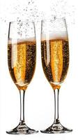 Elegant champagne flutes filled with sparkling beverage during a celebration in clear light photo
