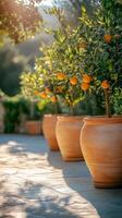 Ornate orange trees in terracotta pots line a sunlit pathway in a serene garden setting photo