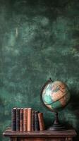 Vintage globe on a wooden table next to a stack of aged books against a textured green backdrop photo