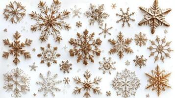 A diverse collection of intricately designed snowflakes on a white background during winter photo