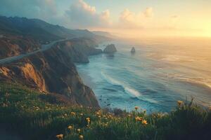 Scenic coastal road overlooking ocean and mountains during sunset with vibrant clouds photo