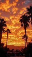 Vibrant sunset with palm trees silhouetted against a colorful sky in a tropical setting photo