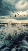 A person walks through the turbulent surf while seabirds soar overhead on a cloudy day photo