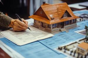 Person reviewing blueprints while planning a model house construction at a wooden table photo