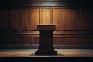 Elegant wooden podium in a richly detailed room with warm lighting photo