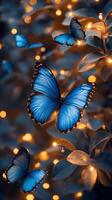 Blue butterflies flutter among glowing lights in a serene garden at twilight photo