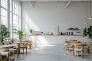 Modern cafe interior with large windows, minimalist furniture, and a warm ambiance in the daytime photo