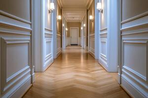 Elegant interior hallway with wooden flooring and stylish wall sconces in a modern building photo