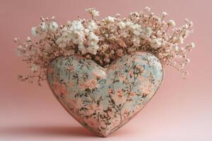 A beautiful pink floral arrangement in a decorative heart shaped container on a soft background photo