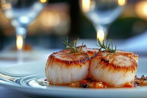 Deliciously seared scallops served on a white plate in a soft candlelit restaurant setting photo