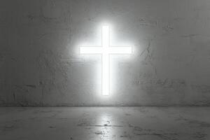 A white cross casting shadows on a textured wall in soft light during the early morning hours photo