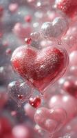 Colorful sparkling hearts arranged on a soft pink background for a festive celebration photo