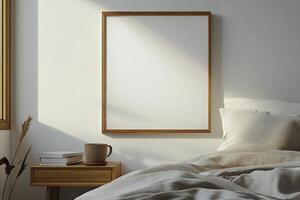 A cozy bedroom corner featuring a wooden bedside table with a cup and a vase in warm morning light photo