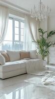 Elegant living room interior design with large windows and stylish furnishings in a modern home photo