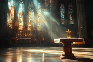 Sunlight filters through stained glass in a serene church with an altar and candlelight photo