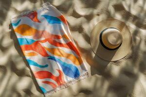 Colorful blanket and straw hat on sandy beach at sunset showcasing vibrant patterns and textures photo