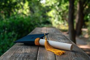 Graduation cap and diploma on wooden table in a lush green setting during daytime photo