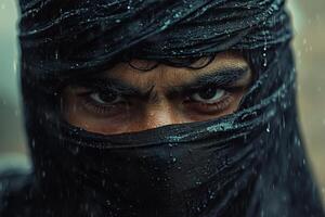 A masked warrior stands in the rain, eyes fixed with determination during an intense battle photo