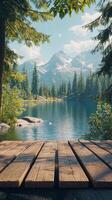 Tranquil lake surrounded by mountains and trees during a sunny day in a serene setting photo