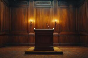 Elegant wooden podium in a richly detailed room with warm lighting photo