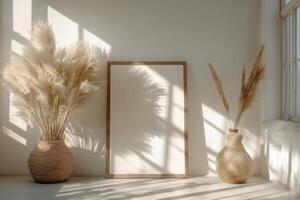 A minimalist interior featuring pampas grass and a blank frame in soft natural light photo