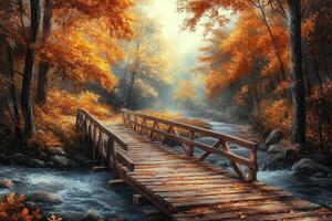 A serene wooden bridge crosses a gentle stream surrounded by vibrant autumn foliage photo