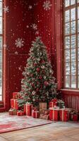Christmas tree adorned with red ornaments and wrapped gifts in a festive setting photo