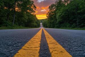 A quiet highway stretches through lush trees under a vibrant sunset in the countryside photo