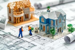 Construction simulation with miniature models and blueprints on a work table photo