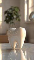 Ceramic tooth sculpture displayed on a marble surface in a modern indoor setting photo