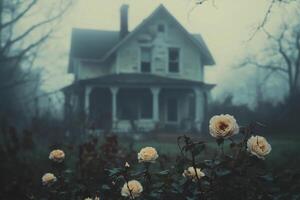 Mysterious old house surrounded by roses in a foggy landscape during twilight hours photo