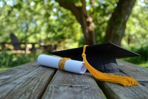 Graduation cap and diploma on wooden table in a lush green setting during daytime photo