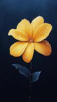 Bright yellow flower glistening with water droplets against a dark background photo