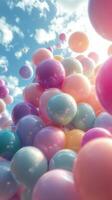 Colorful balloons and bubbles float in a clear blue sky during a sunny day photo