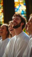 Joyful woman smiling with closed eyes in a group setting near stained glass windows photo