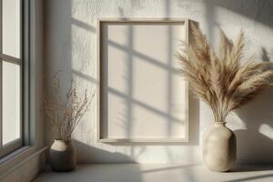 A minimalist interior featuring pampas grass and a blank frame in soft natural light photo