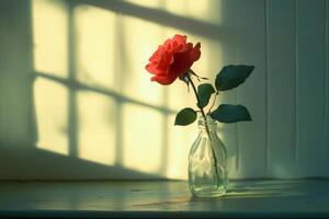 Beautiful red rose in a glass vase with sunlight casting shadows on the wall photo