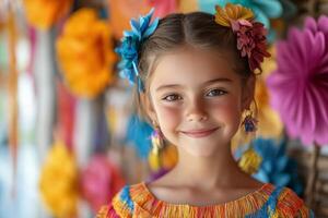 Young girl in colorful traditional attire smiles against a vibrant floral backdrop at a festival photo