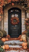 Autumn decorations at a welcoming front door with pumpkins and a wreath of colorful leaves photo