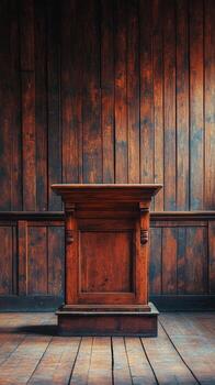 Wooden podium in a warmly lit conference space designed for public speaking in an urban setting photo