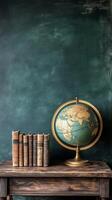 Vintage globe on a wooden table next to a stack of aged books against a textured green backdrop photo