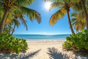 A serene beach view with palm trees and bright sunlight shining over clear blue waters photo