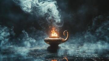 Mystical antique lamp surrounded by swirling smoke in a dimly lit atmosphere photo