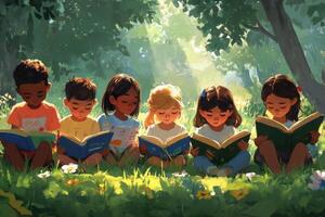 Children reading books in a park on a sunny day with trees and grass around them photo