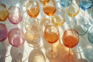 Colorful glassware arranged elegantly in soft morning light on a light colored background photo