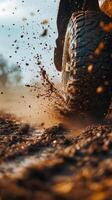 A muddy off road vehicle splashes through a puddle in the countryside during golden hour photo