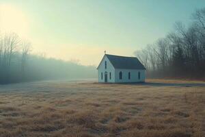 A solitary white house stands in a golden field under a dramatic sky at sunset photo